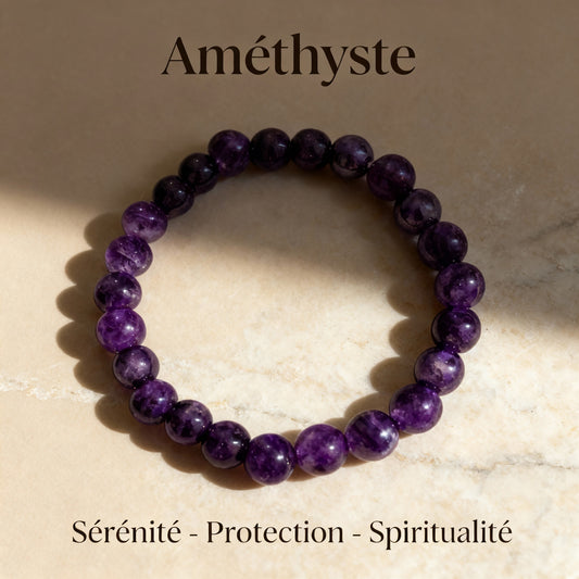 Bracelet Chakra Couronne – Améthyste Naturelle 8 mm – Bijou Spirituel Énergétique – Fait Main – Cadeau Femme ou Homme