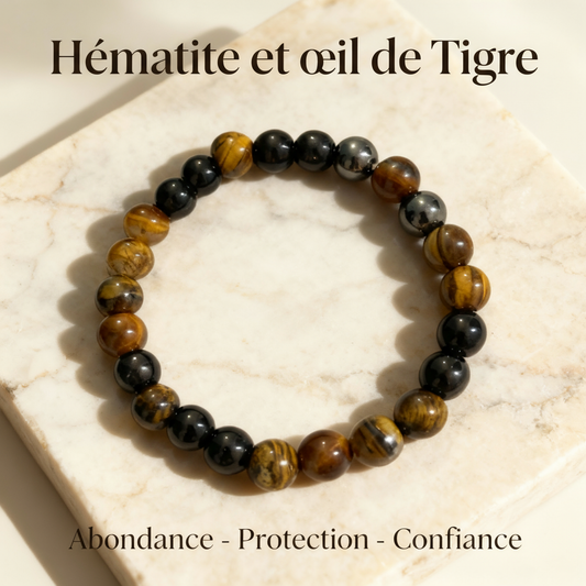 Bracelet d’abondance – Hématite & Œil de Tigre – Bijou énergétique mixte – Protection, ancrage & confiance – Pierre naturelle
