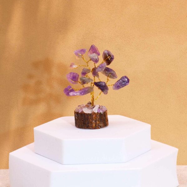 Mini arbre à pierres précieuses sur socle en bois - Améthyste (15 pierres)