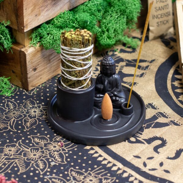 Porte-encens multifonctionnel Bouddha - Céramique noire mate