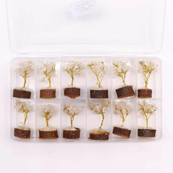 Mini arbre en pierres précieuses sur socle en bois - Quartz de roche (15 pierres)