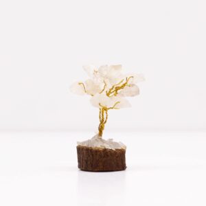 Mini arbre en pierres précieuses sur socle en bois - Quartz de roche (15 pierres)