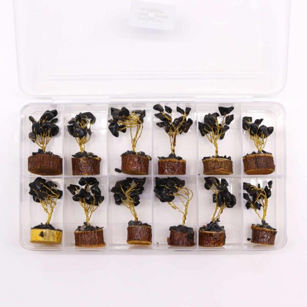 Mini arbre en pierres précieuses sur socle en bois - Agate noire (15 pierres)