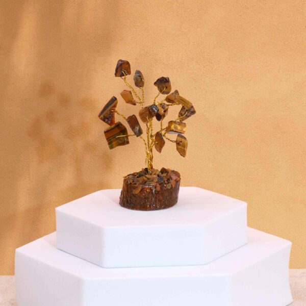 Mini arbre en pierres précieuses sur socle en bois - Œil de tigre (15 pierres)