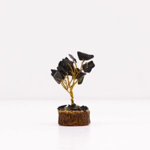 Mini arbre en pierres précieuses sur socle en bois - Agate noire (15 pierres)