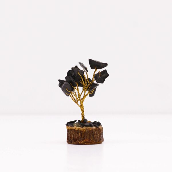 Mini arbre en pierres précieuses sur socle en bois - Agate noire (15 pierres)