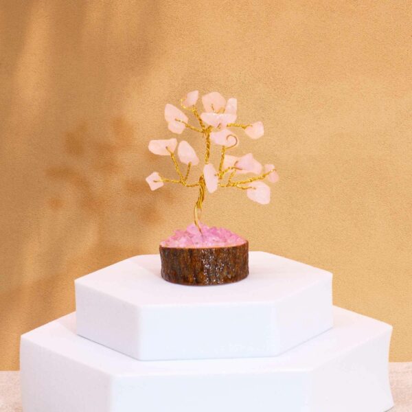 Mini arbre en pierres précieuses sur socle en bois - Quartz rose (15 pierres)